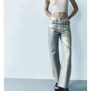 Zara Silver Metallic Mid Rise Wide Leg Jeans Women’s Size O